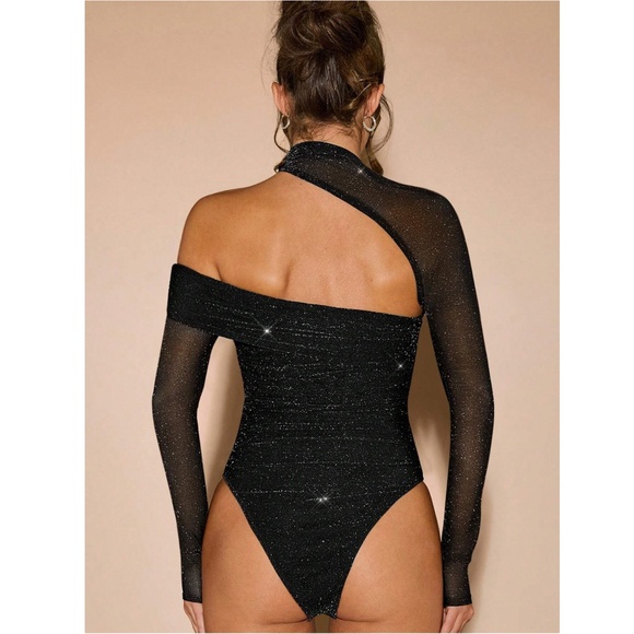 Black Glitter Lurex Asymmetrical Long Sleeve Slim Bodysuit - Picture 3 of 9